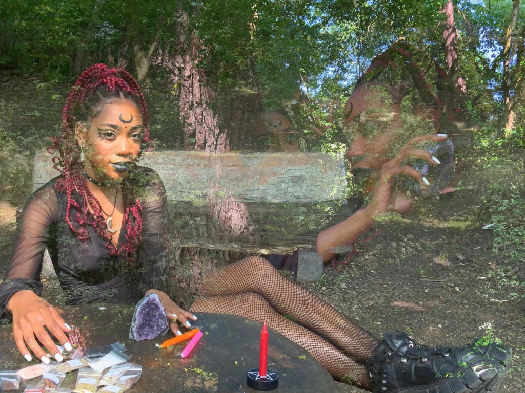 An illustrative image of witch in forest practising spells and charging crystals.