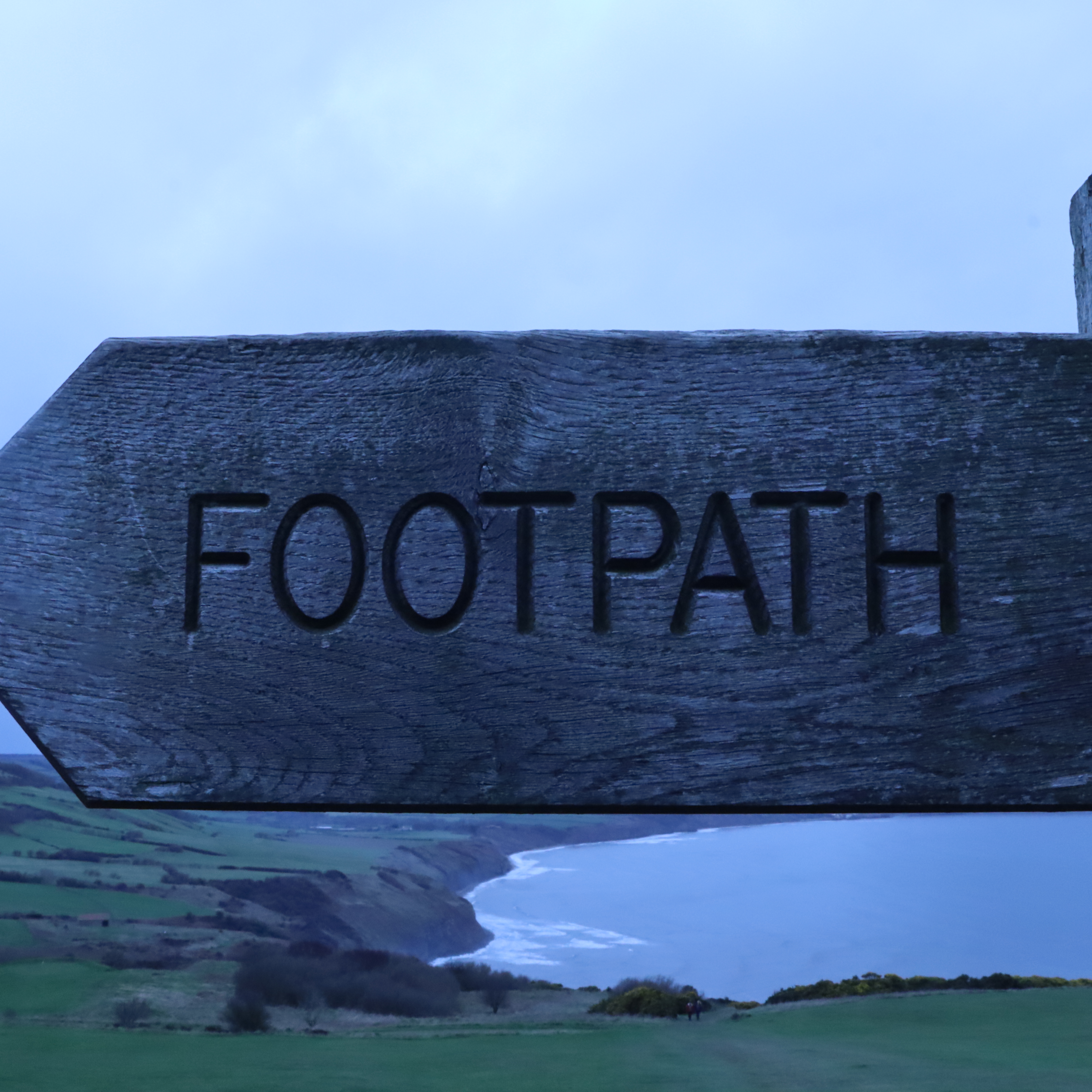An image of a wooden footpath sign with cliffs in the background meeting the sea.