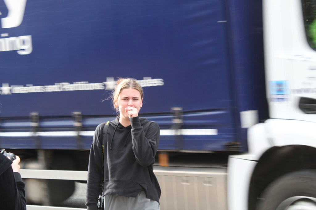 Rosie stood on side of the road as a car drives past