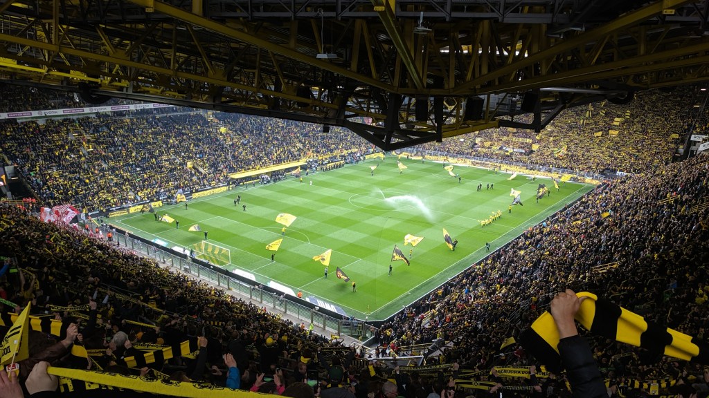 Wide angle shot of pre-match celebrations at Signal Iduna Park, home of German football team Borussia Dortmund.