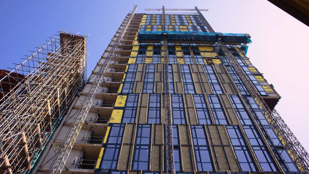 Image of broadcasting tower under construction on Leeds Beckett city campus.  
