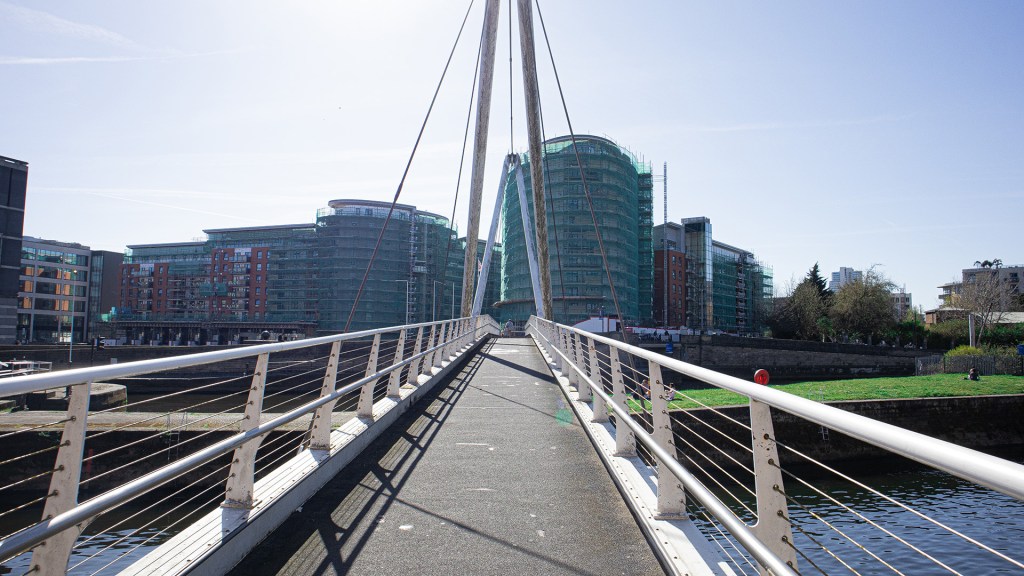 The beautiful Leeds dock bridge with construction work going on in the background. 