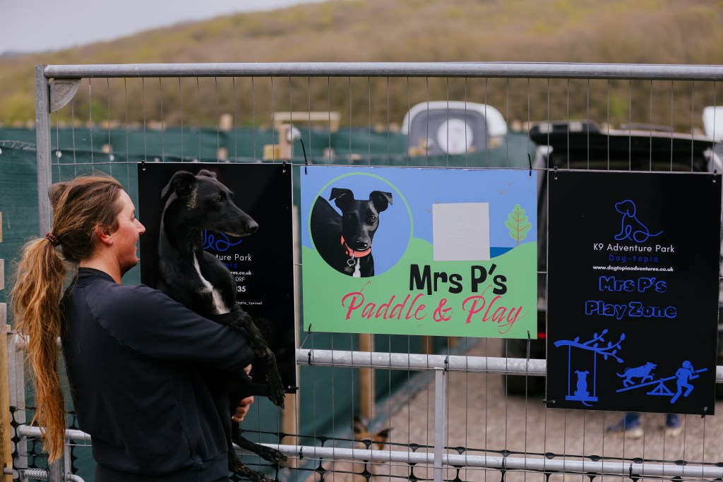 A woman infront of a gate holding a dog